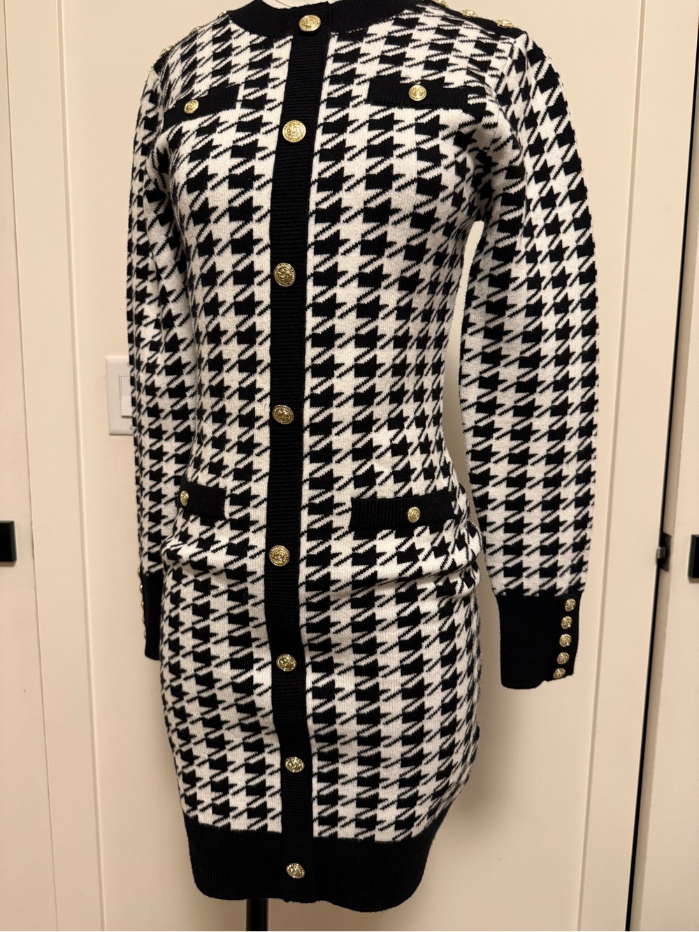 Holland Cooper Black and White Houndstooth Knit Dress with Gold Buttons